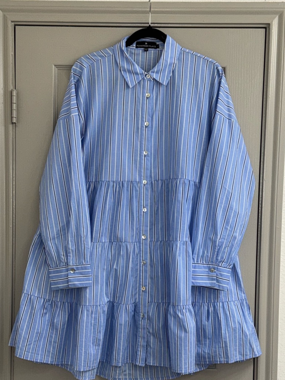 Tuckernuck Pomander Place Shades of Blue Stripe Cara Tiered Shirt Dress LARGE - Picture 2 of 7